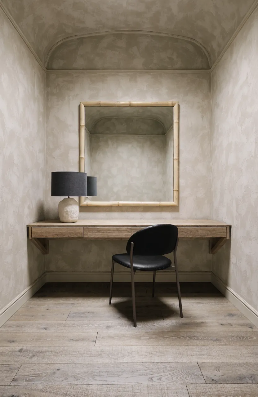 A square mirror with a very thin bamboo frame in a minimalist, neutral-toned Japandi office.