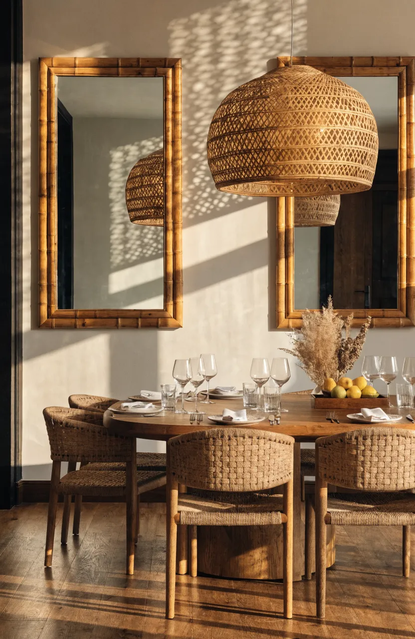 A dining room with a bamboo pendant light and matching bamboo-framed mirrors on the wall.