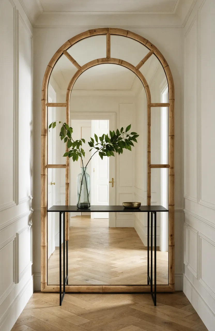 An arched bamboo mirror hanging above a slim black console table in a bright hallway.