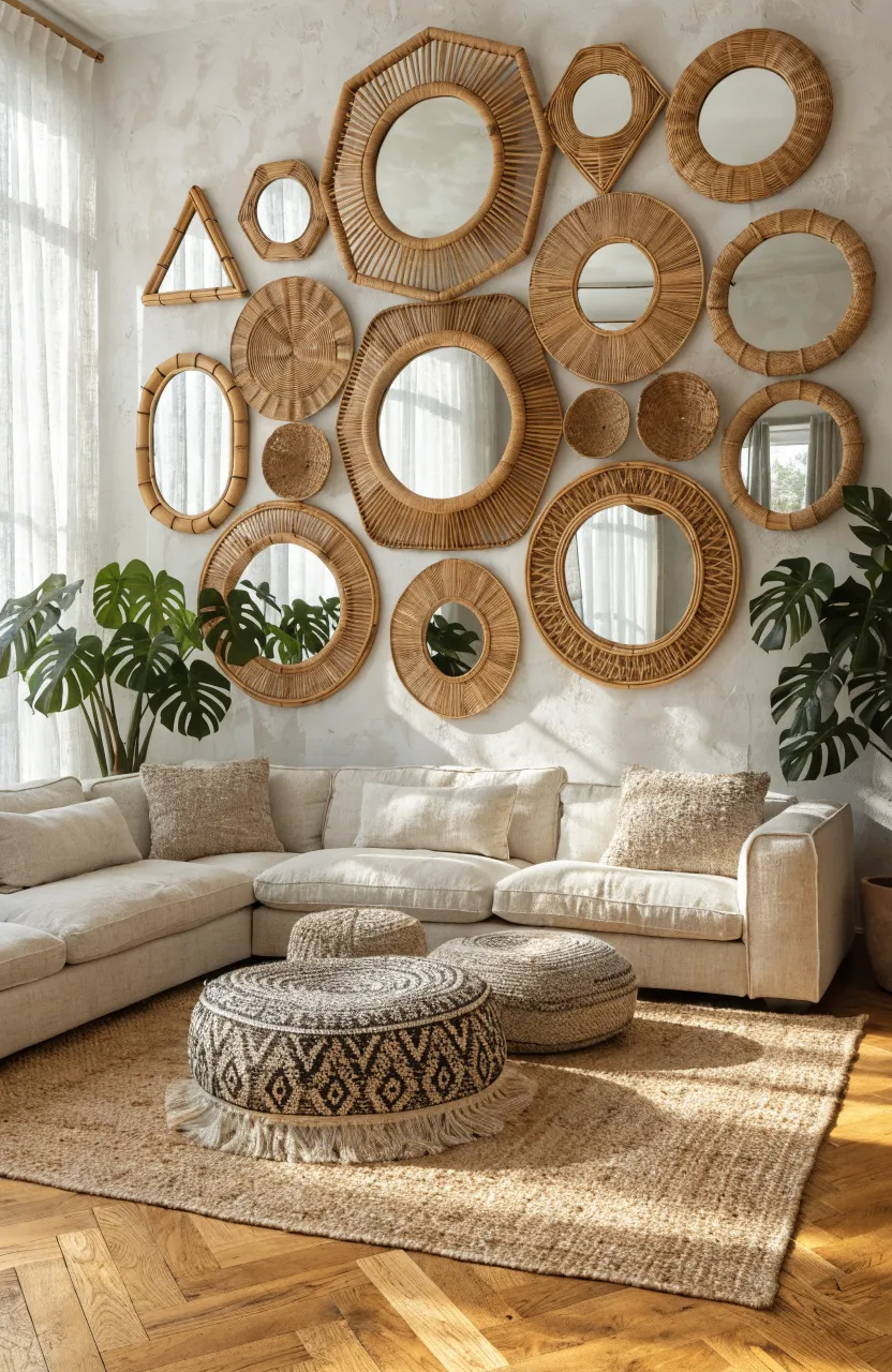 A gallery wall of geometric bamboo mirrors in a sunlit boho living room.