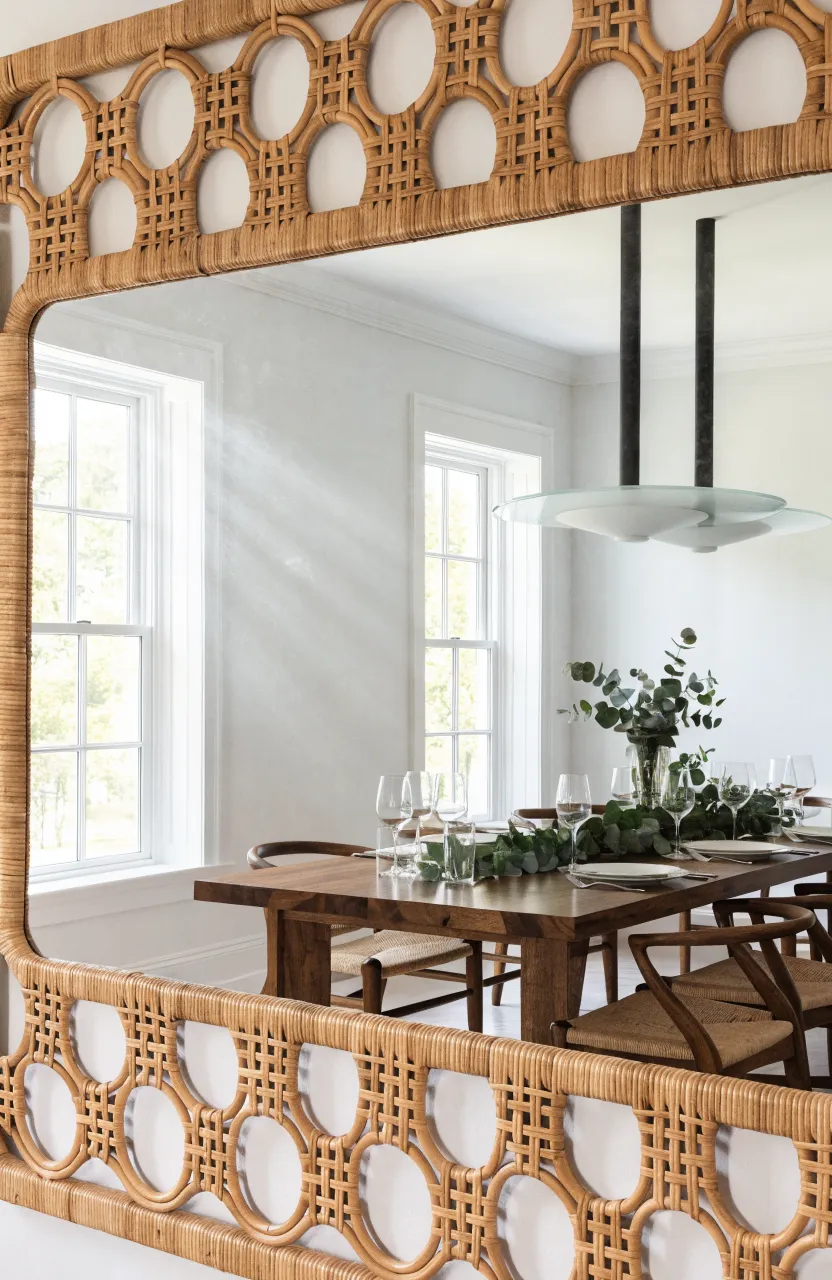 Large rectangular rattan mirror hanging above a dark wood dining table.