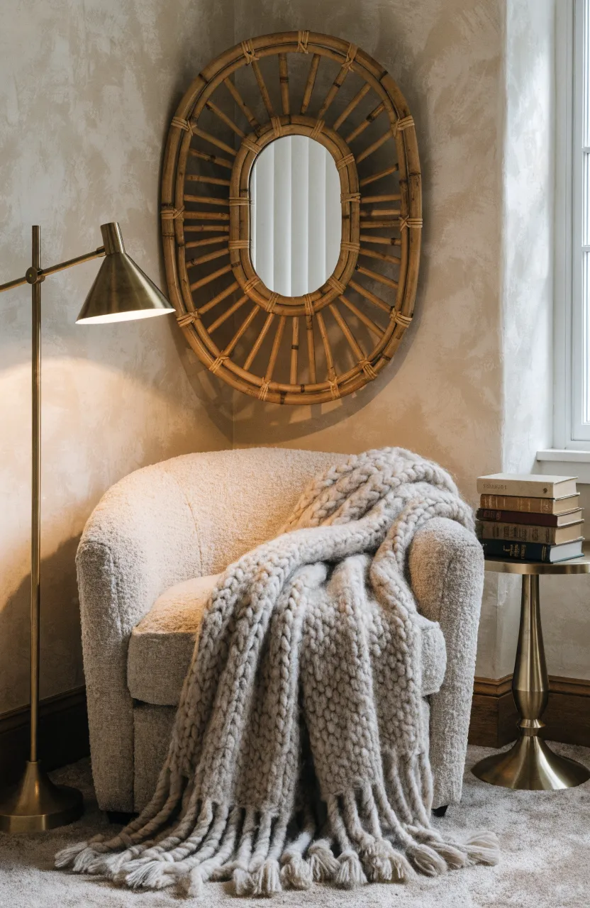 A hand-woven bamboo mirror hanging in a cozy reading corner with an armchair.