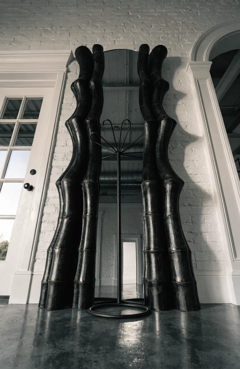 A black-stained bamboo mirror in a modern industrial entryway with white walls.