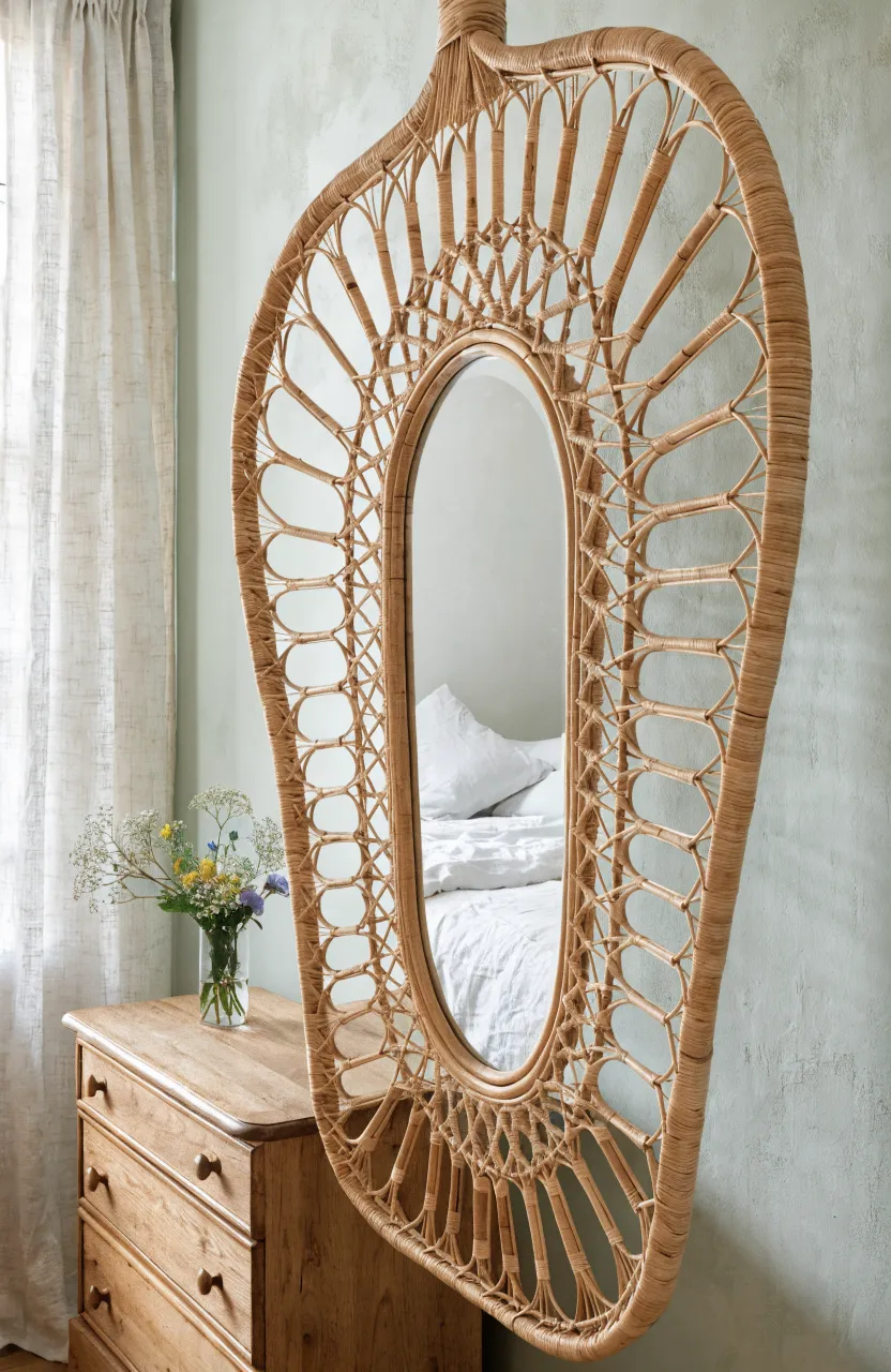 An intricate cane webbing mirror hanging in a light and airy bedroom.