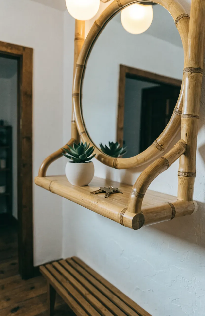 A functional bamboo mirror with a built-in shelf holding keys and a plant.