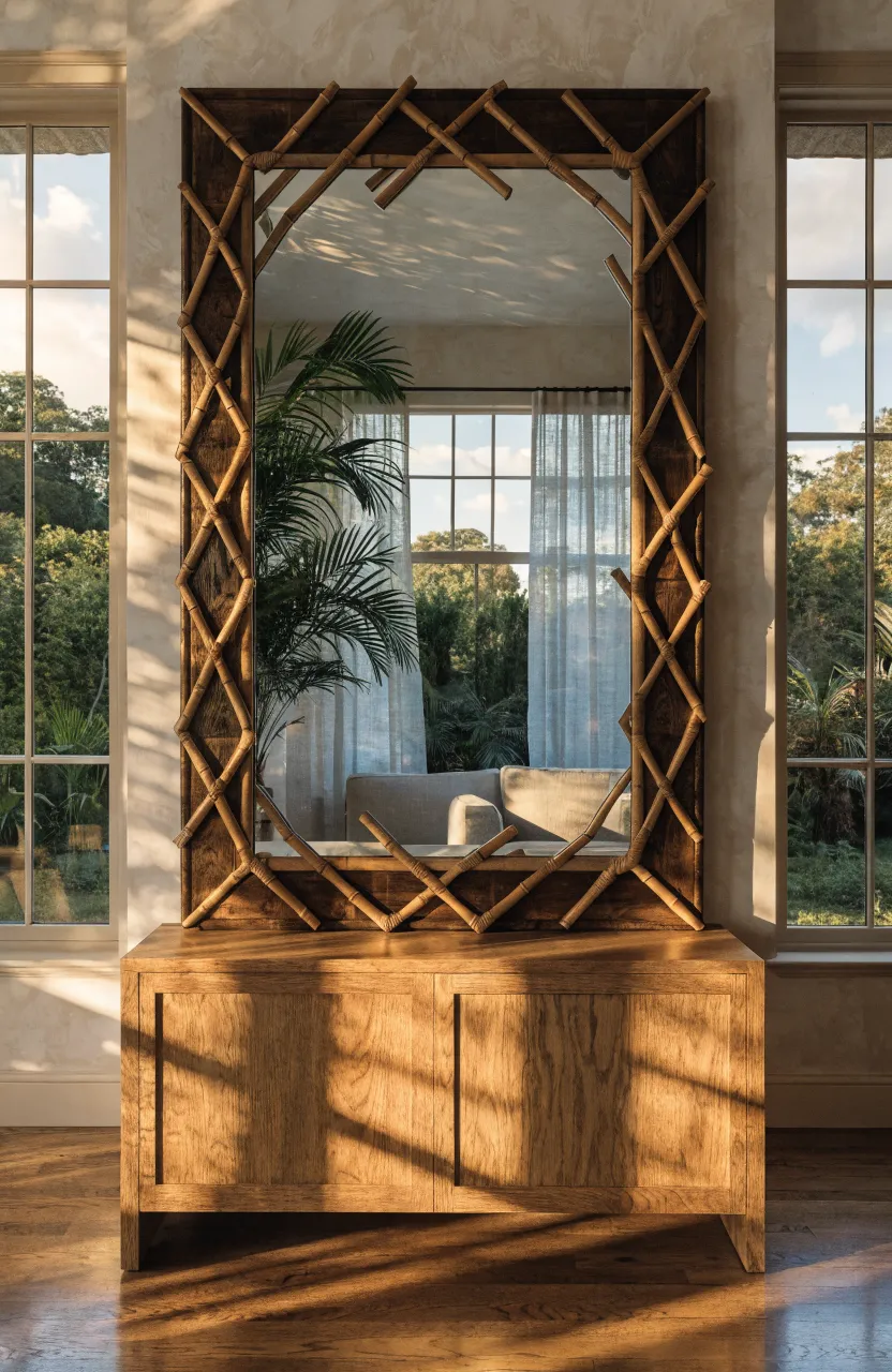 A wide rectangular mirror with a bamboo lattice frame hanging in a sunlit, modern living room.