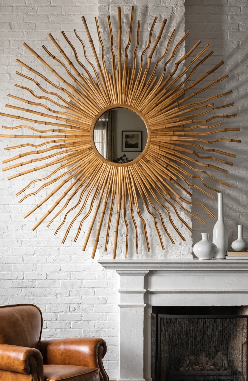 A round mirror with bamboo spokes arranged in a starburst pattern above a fireplace mantel.