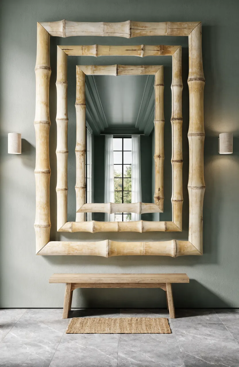 A double-framed bamboo mirror showing a frame-within-a-frame design on a sage green wall.