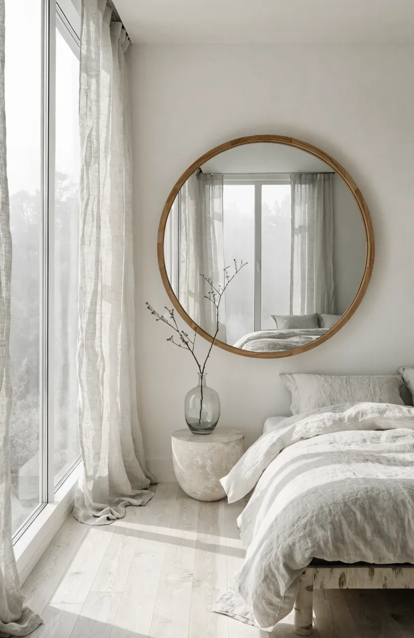 A minimalist Japandi mirror with a light wood frame in a bright, clean, peaceful bedroom.