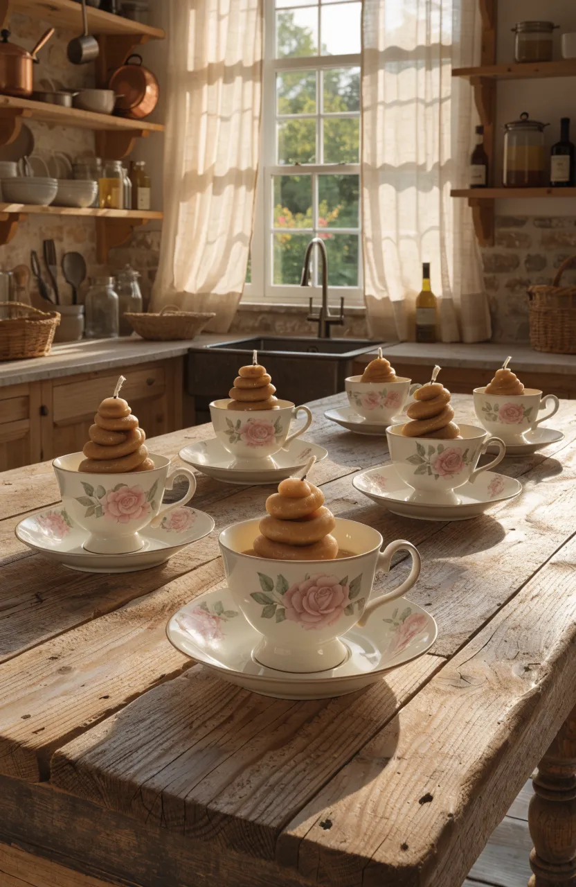 Floral teacup candles with golden beeswax set on a rustic wooden table in a sunlit cottage kitchen.