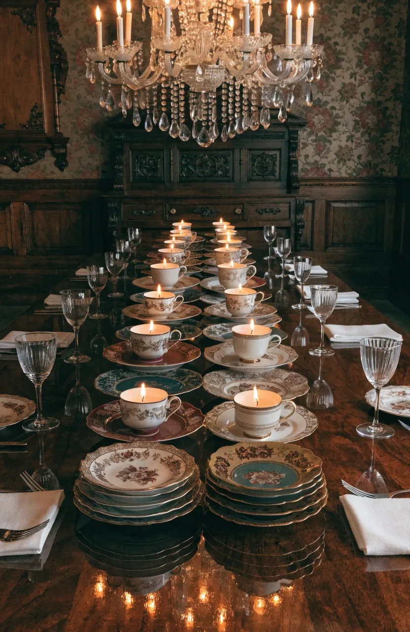 Stacks of colorful mismatched vintage saucers topped with burning teacup candles on a dining table.