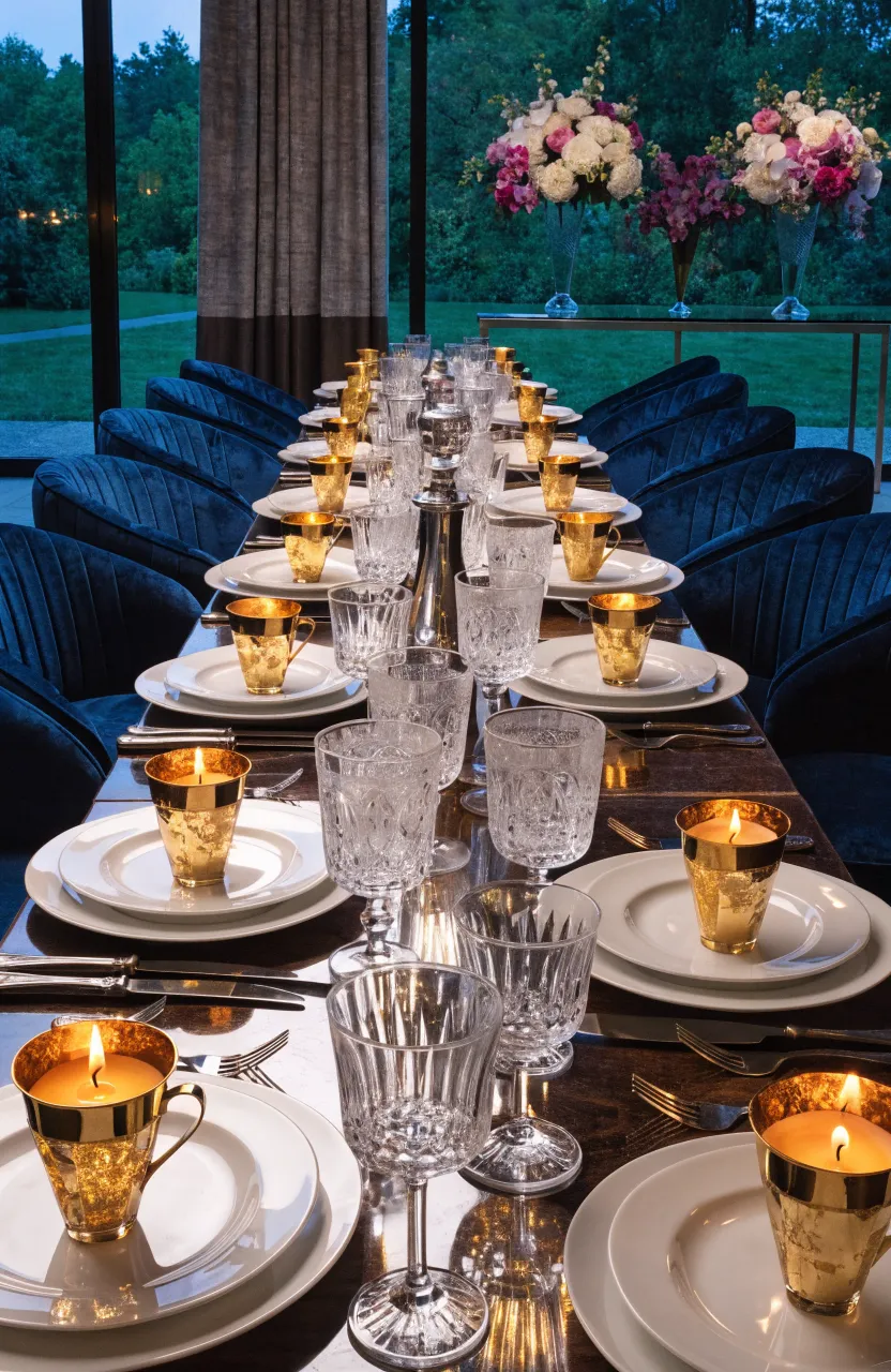A long dining table set with white linens and individual gold-rimmed teacup candles at each seat.