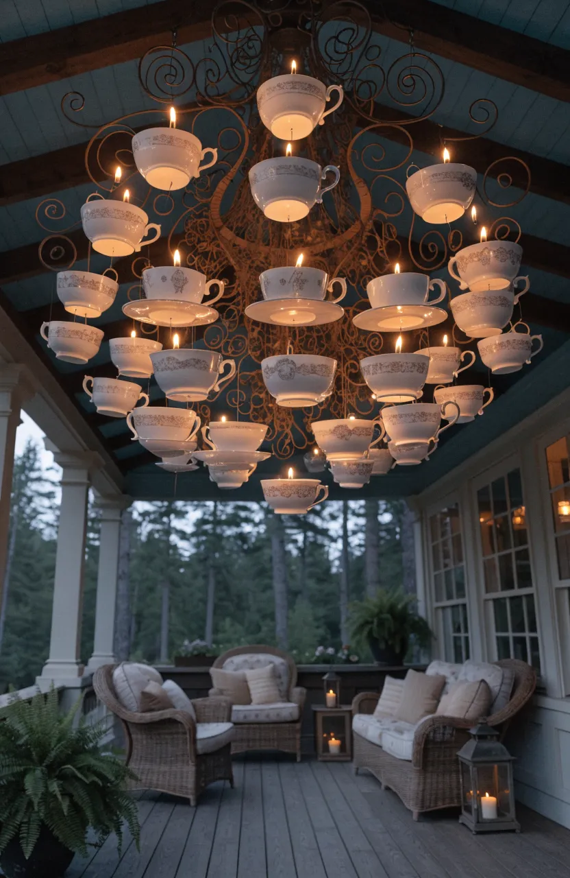 A circular metal chandelier holding vintage teacups with floating candles over a cozy outdoor porch.