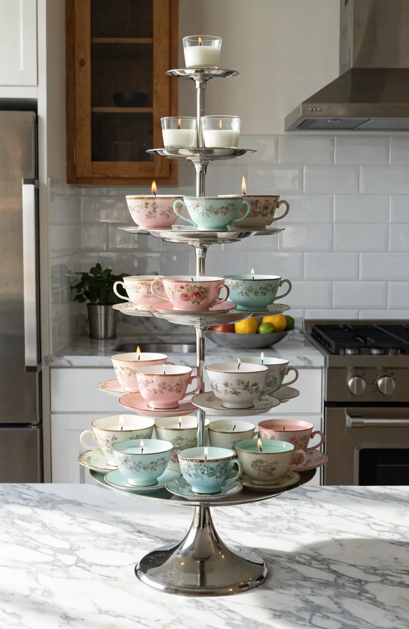 A three-tier silver dessert stand holding an array of vintage teacup candles on a marble countertop.