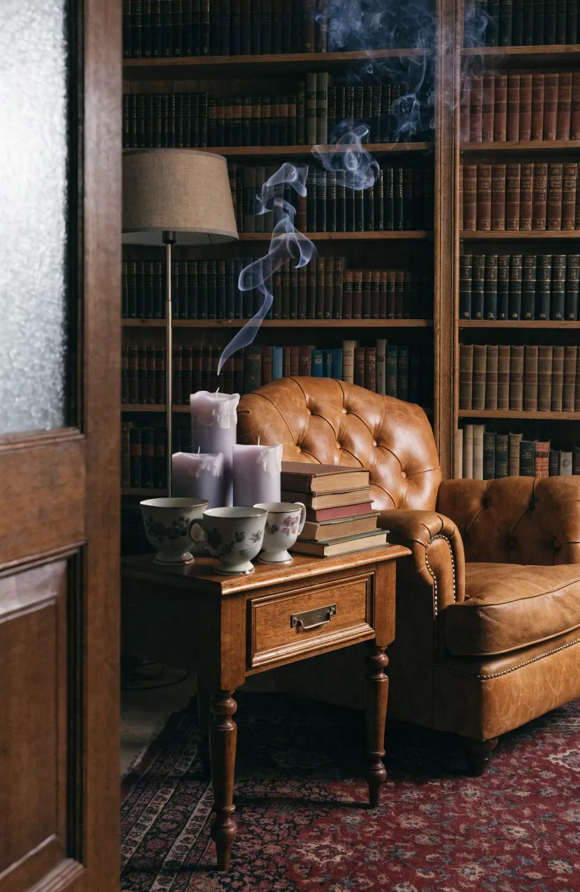 Scented soy candles in vintage teacups with minor cracks, displayed on a table next to old books.