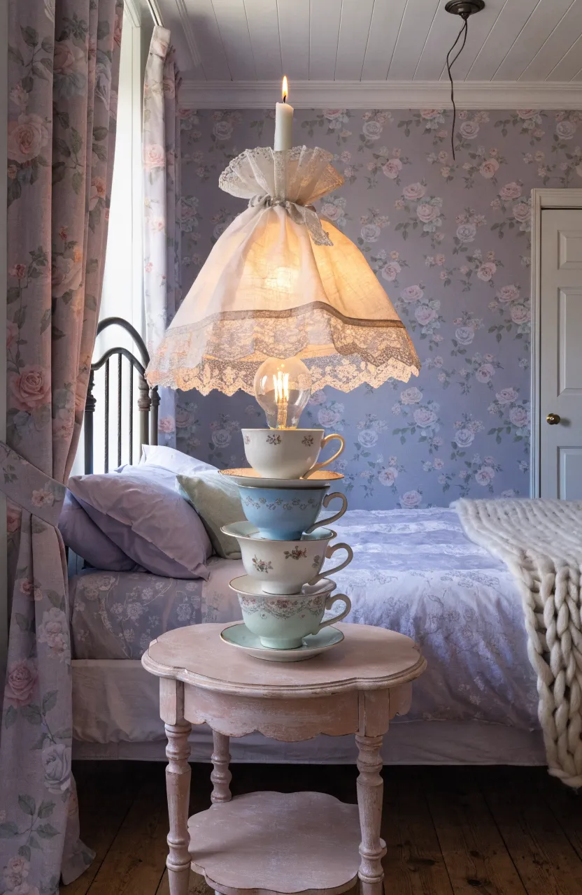 A lamp made of stacked teacups with a lit candle in the top cup, sitting on a bedroom nightstand.