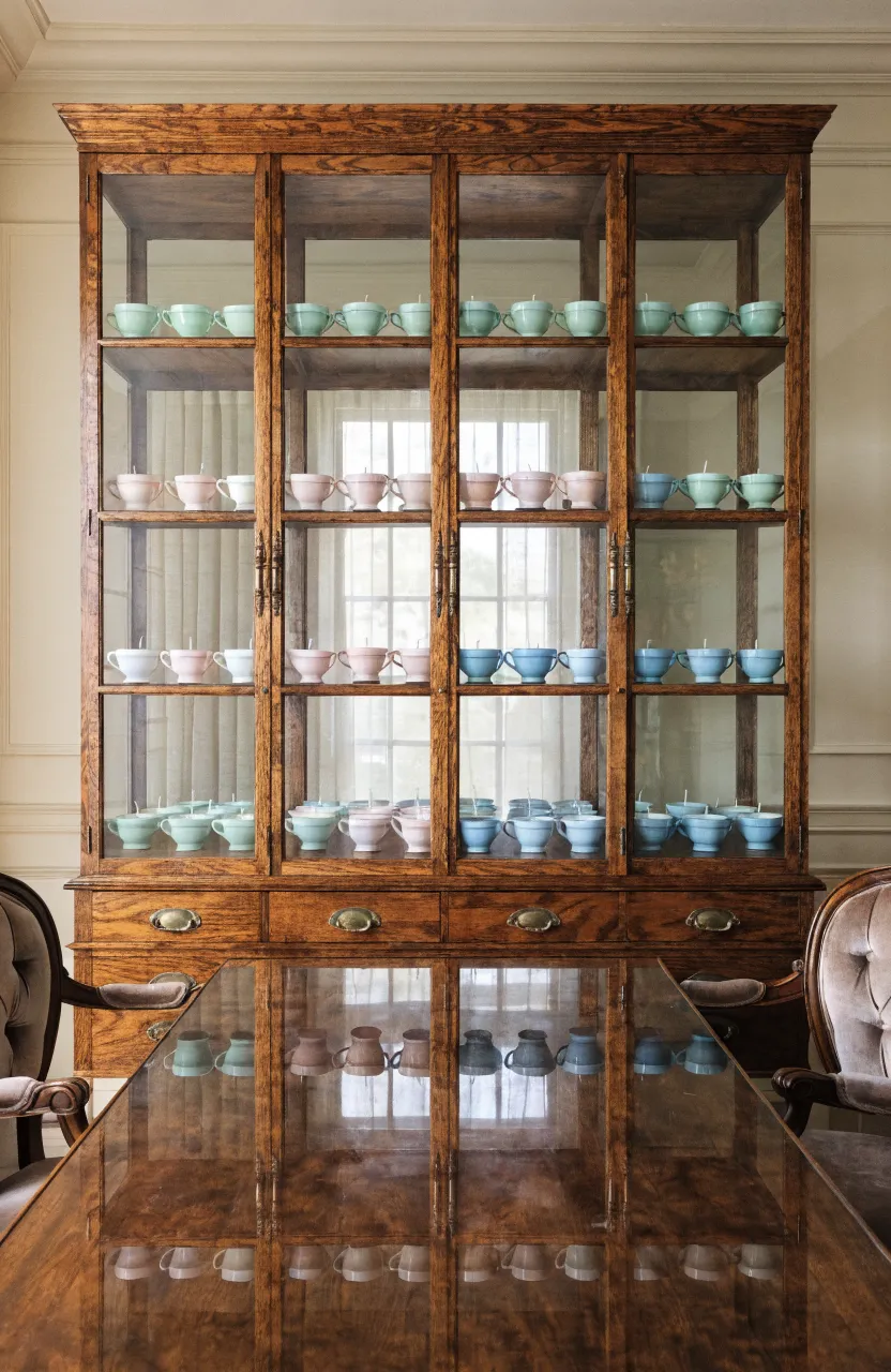A glass cabinet filled with organized rows of mint, pink, and blue vintage teacup candles.