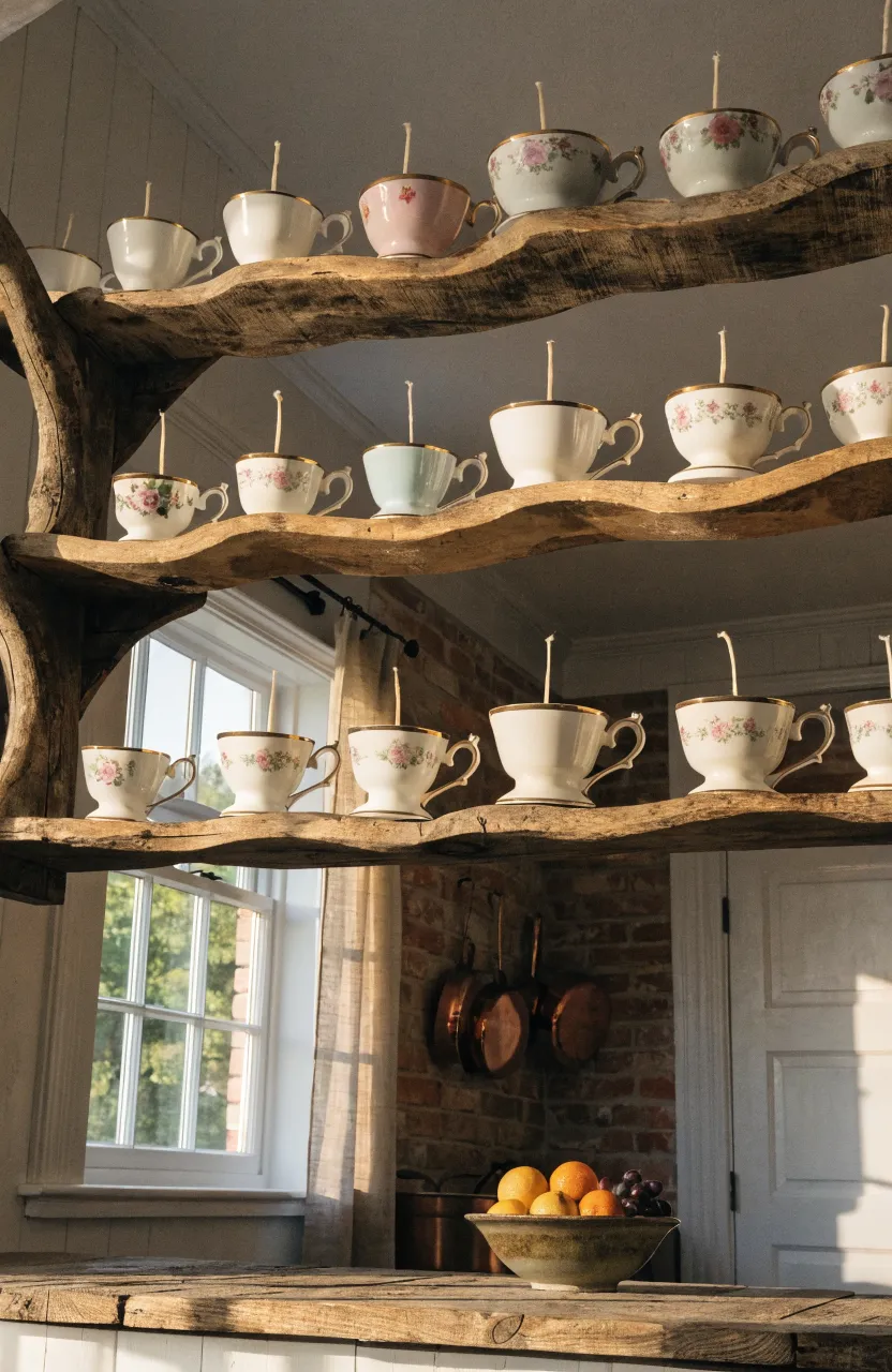 Victorian teacup candles arranged by height on open wooden kitchen shelves.