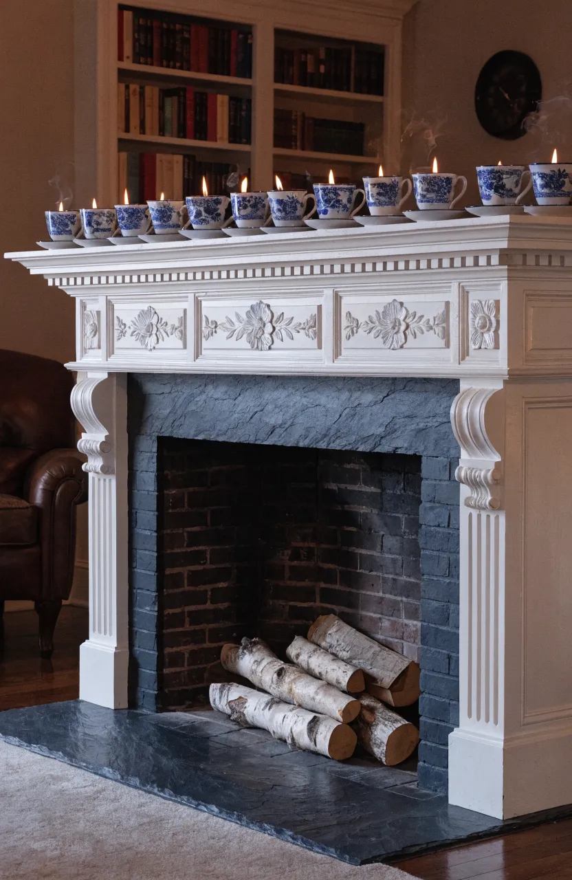 A row of lit blue and white porcelain teacup candles on a white fireplace mantel.