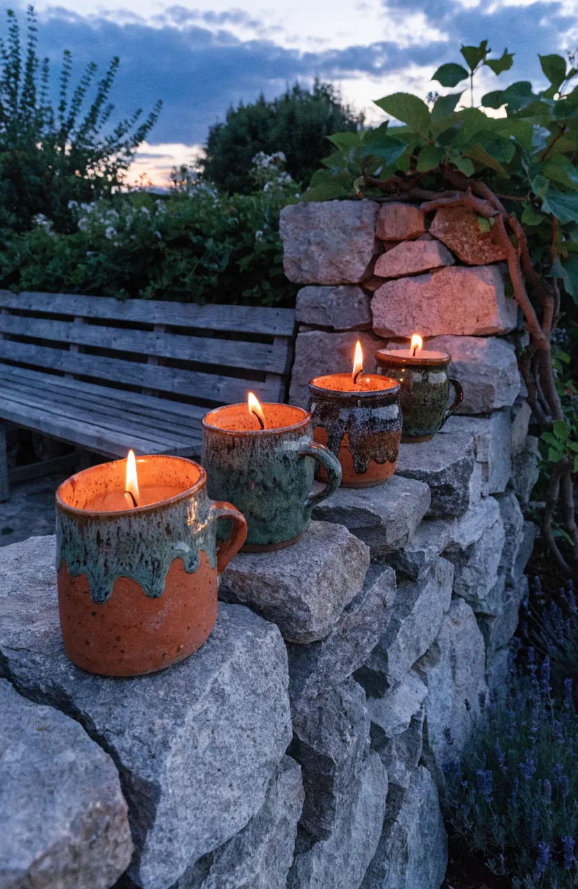 Rustic ceramic teacup candles sitting on a stone wall in a twilight garden setting.