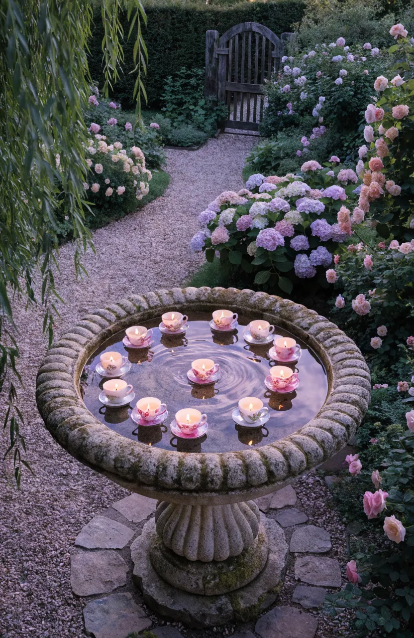 Delicate teacup candles floating in a stone water basin in a lush evening garden.