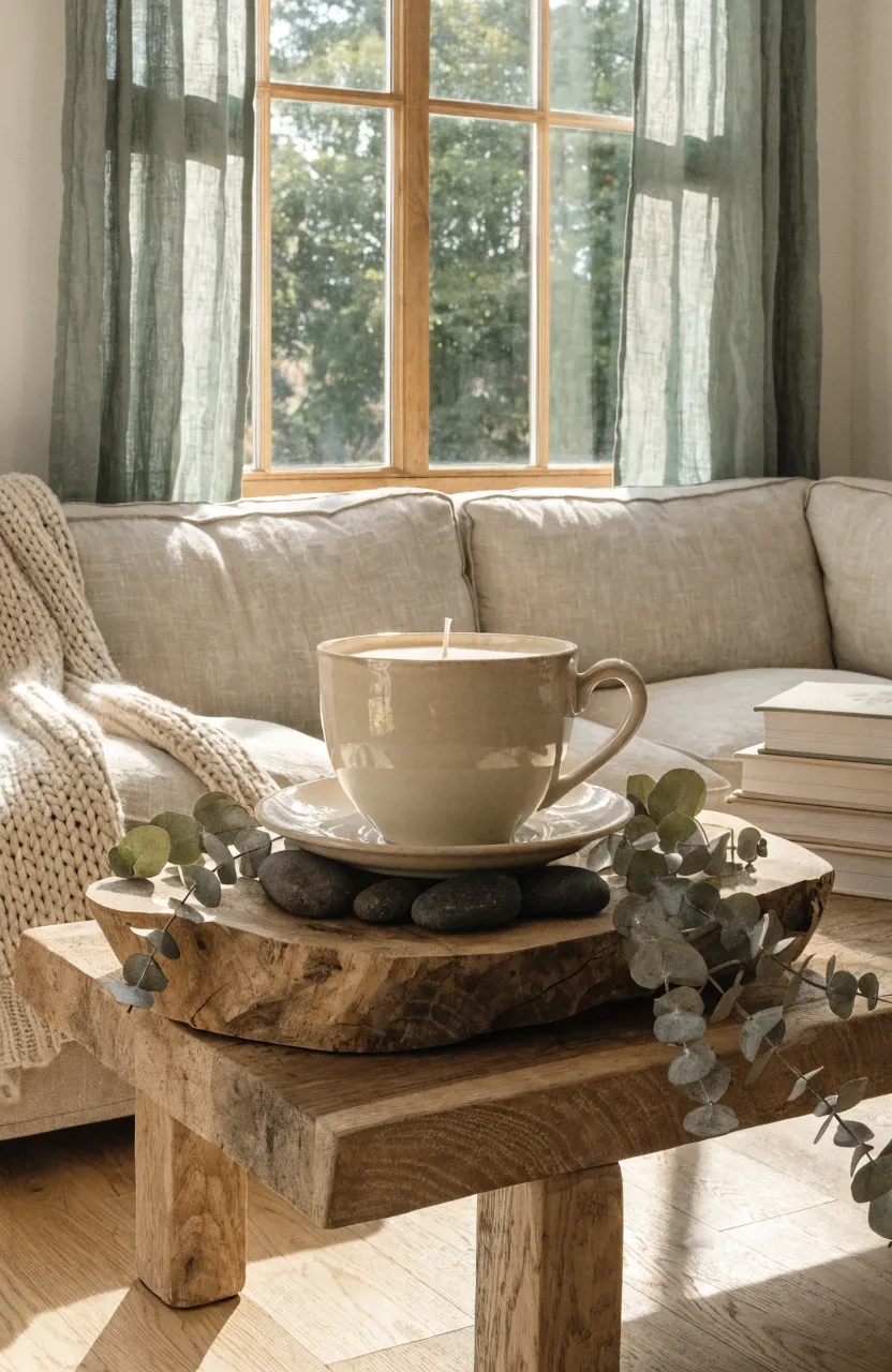 An oversized teacup candle on a wooden tray with dried eucalyptus in a cozy living room.