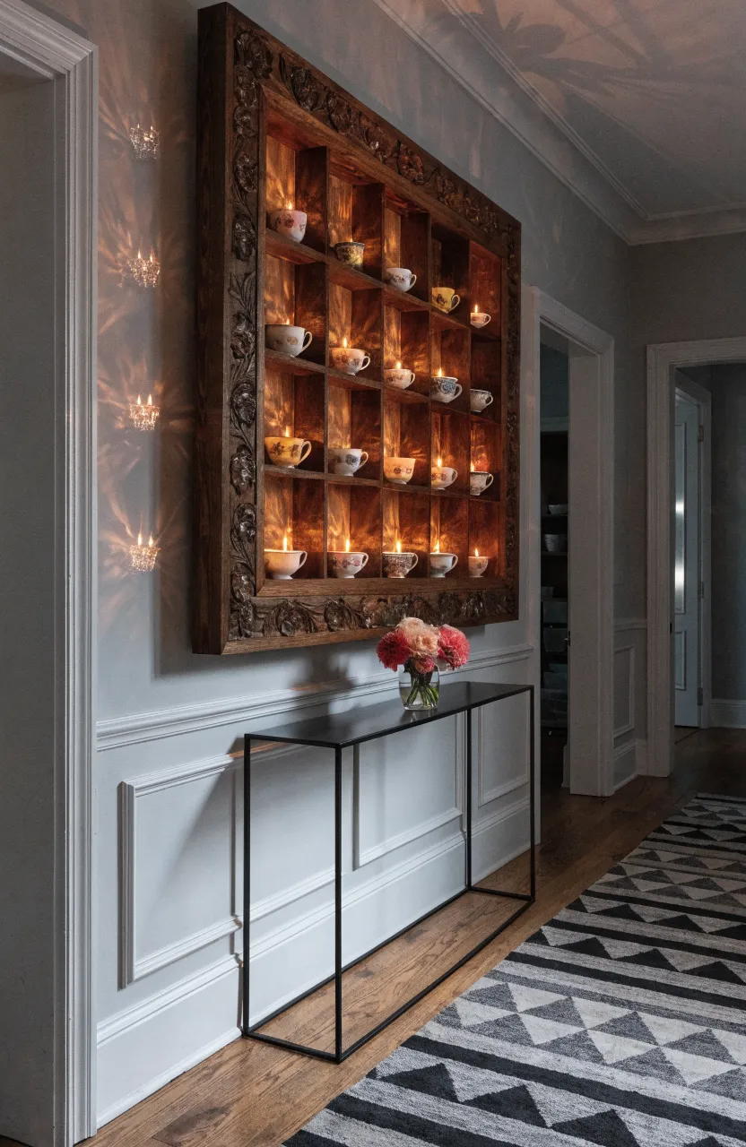 A wall-mounted shadow box displaying a collection of tiny, lit teacup candles as wall art.