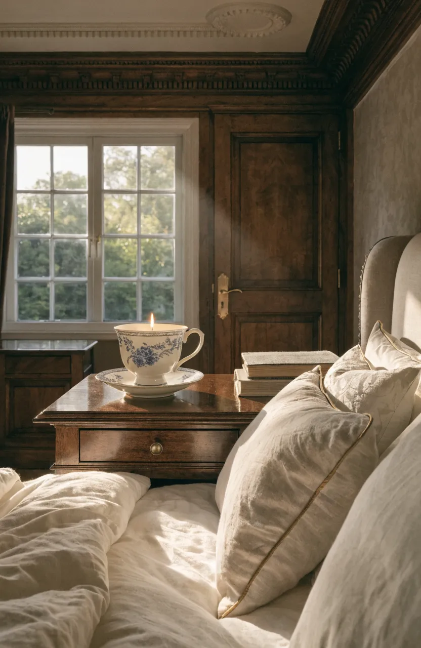 A wide shot of a luxury bedroom featuring a patterned vintage teacup candle on a mahogany nightstand.