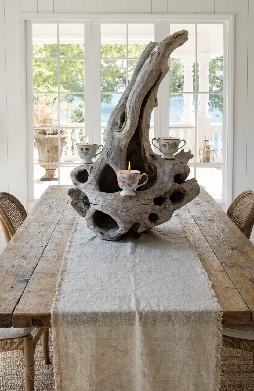 A coastal dining room featuring a large driftwood centerpiece holding multiple vintage teacup candles.