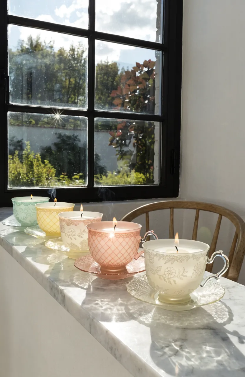 Sunlight glowing through a row of translucent vintage teacup candles on a white marble window sill.