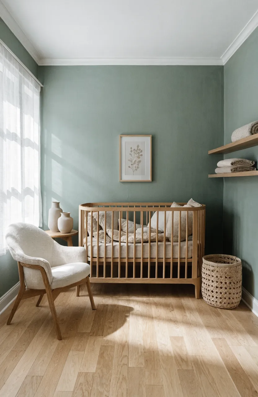 A peaceful baby nursery with soft sage green walls, white trim, and light wood furniture.