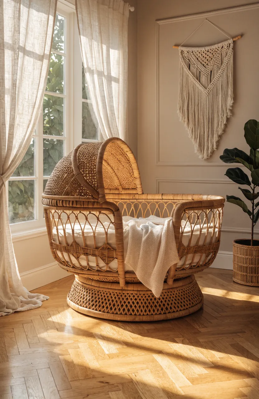 A woven rattan baby bassinet with cream cotton linens in a bright, sunlit nursery.