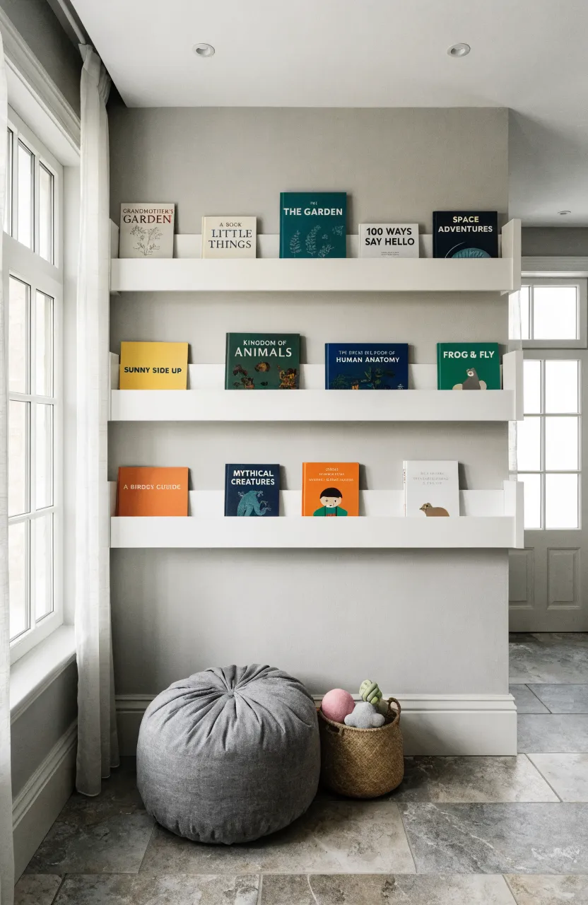 White floating bookshelves mounted low on a nursery wall filled with colorful baby books.