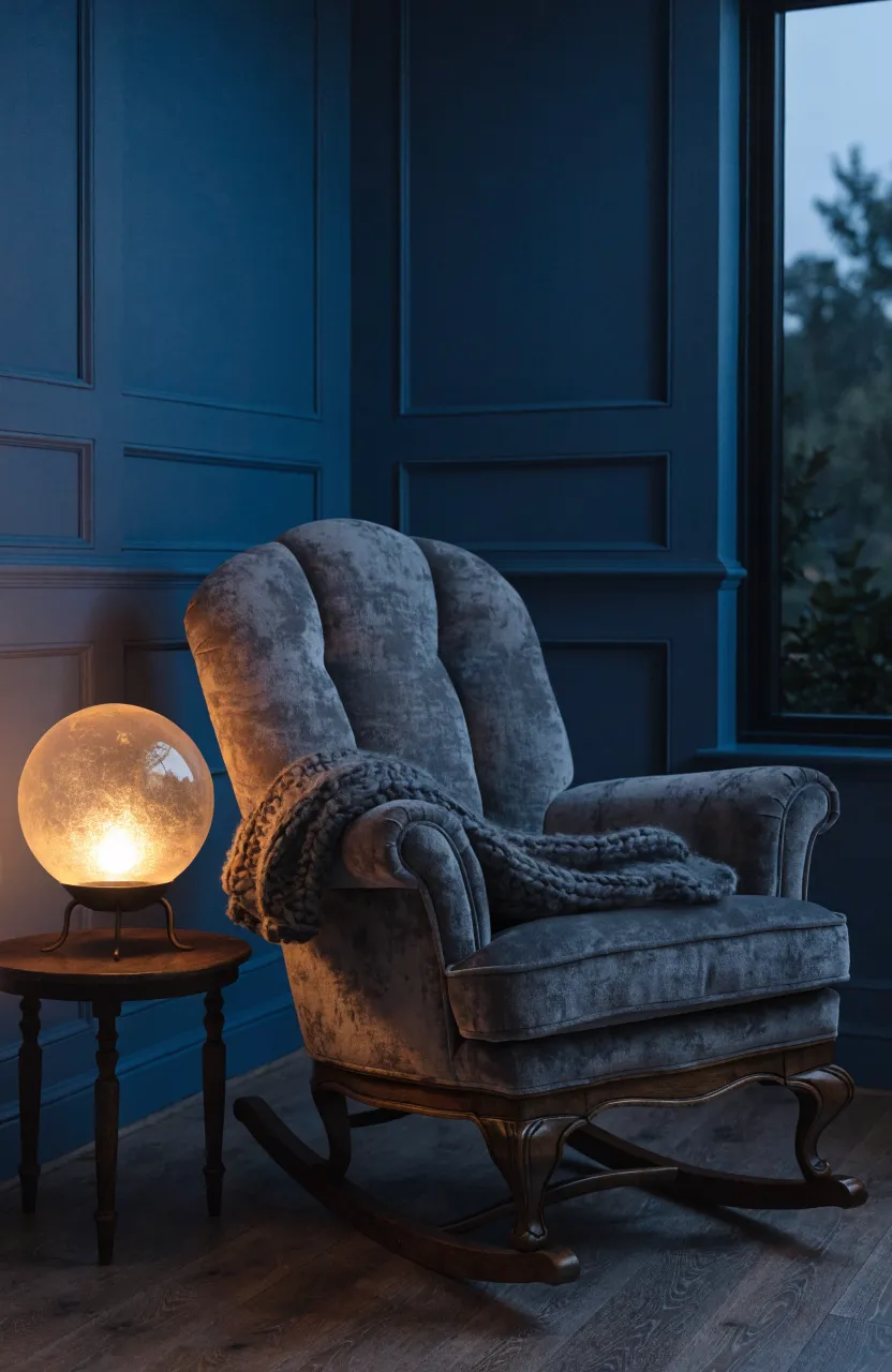 A warm, glowing globe lamp on a side table next to a rocking chair in a dark nursery.