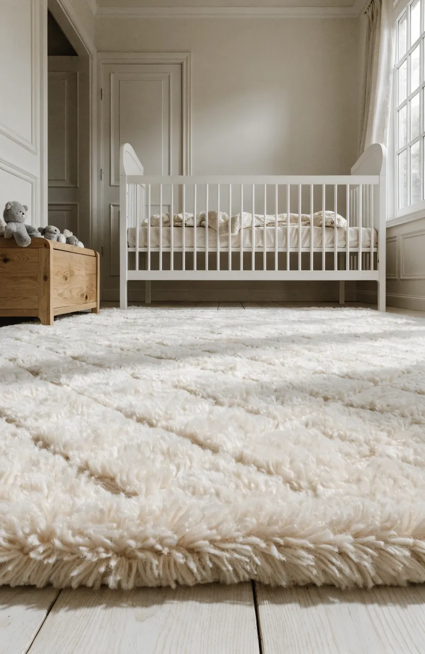 A large, soft cream-colored plush rug on the floor of a bright, modern baby room.