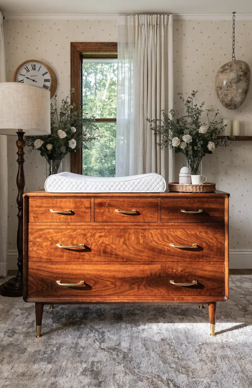 A vintage walnut wood dresser used as a baby changing table with a pad on top.