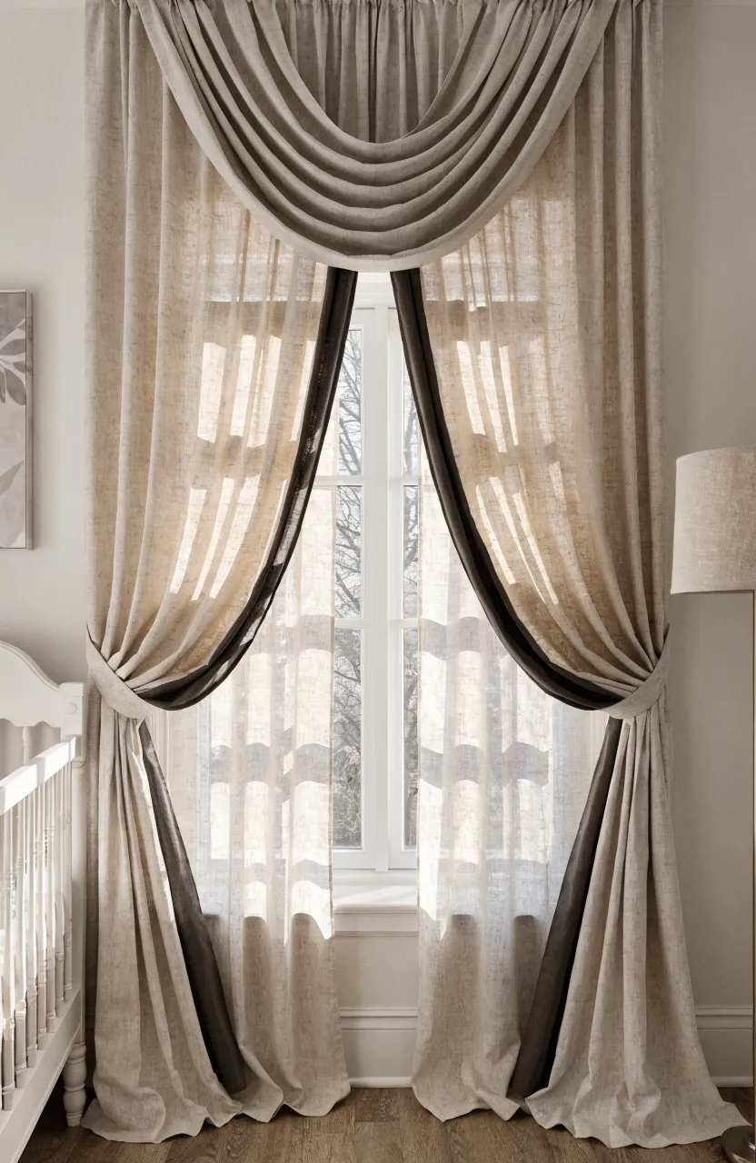 Oatmeal-colored linen blackout curtains hanging in a bright, elegant baby nursery.
