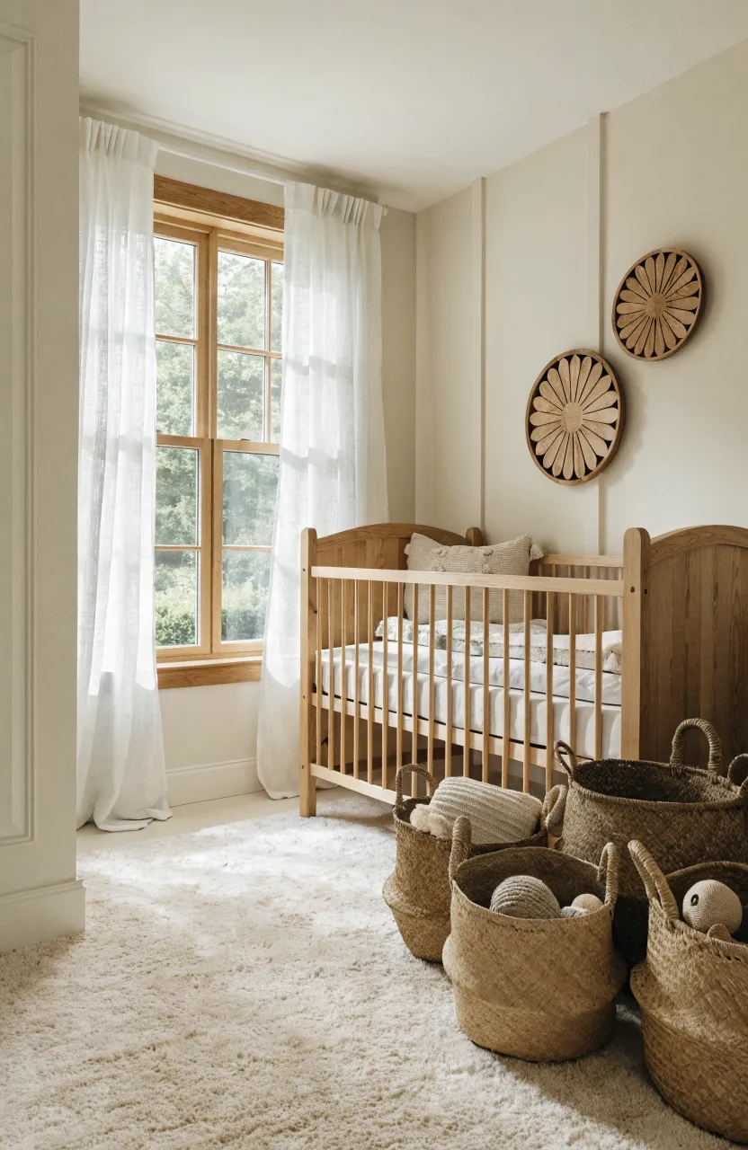Hand-woven seagrass baskets holding toys in a bright, modern nursery room.
