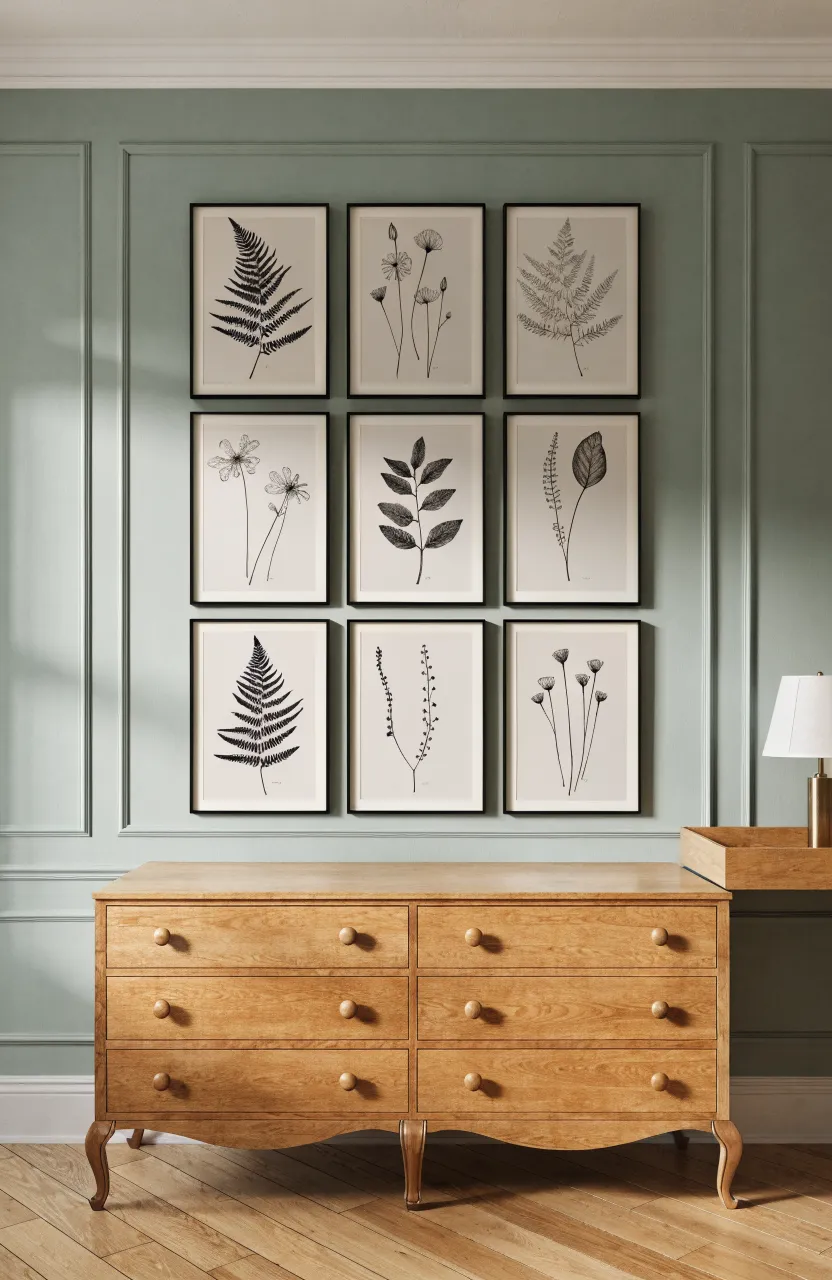 A grid of framed botanical sketches on a sage green nursery wall above a dresser.