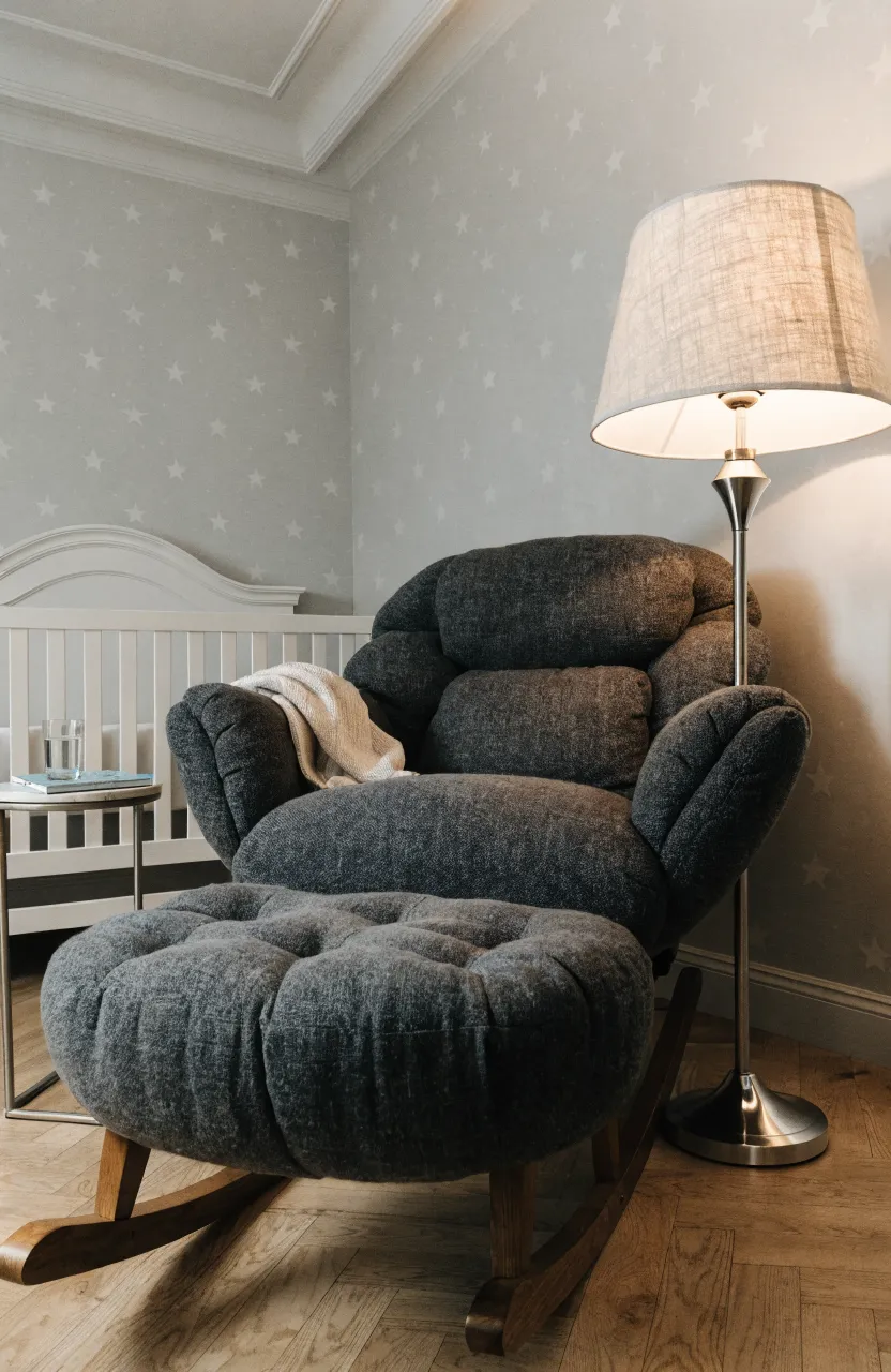 A comfortable charcoal gray rocking chair and ottoman in a cozy nursery corner.