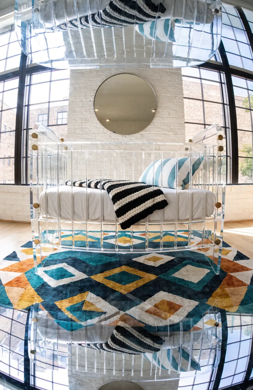 A clear acrylic baby crib in a modern nursery with a colorful geometric rug.