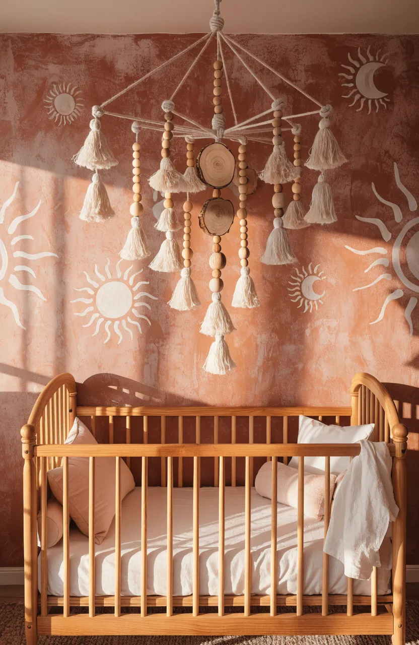 A handmade macramé mobile with wooden beads hanging over a natural wood crib.