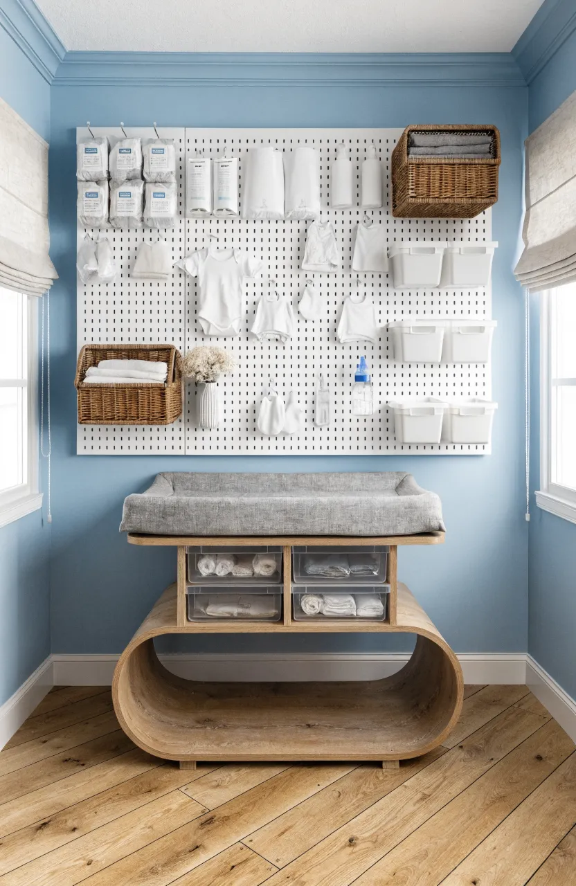 A blue pegboard wall organizer with baskets and hooks above a nursery changing table.