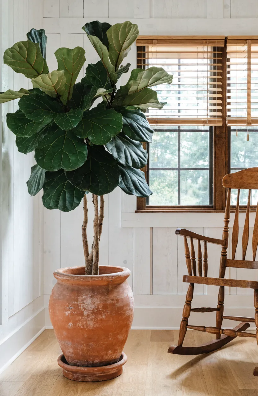 A large fiddle leaf fig plant in a terracotta pot in the corner of a bright nursery.