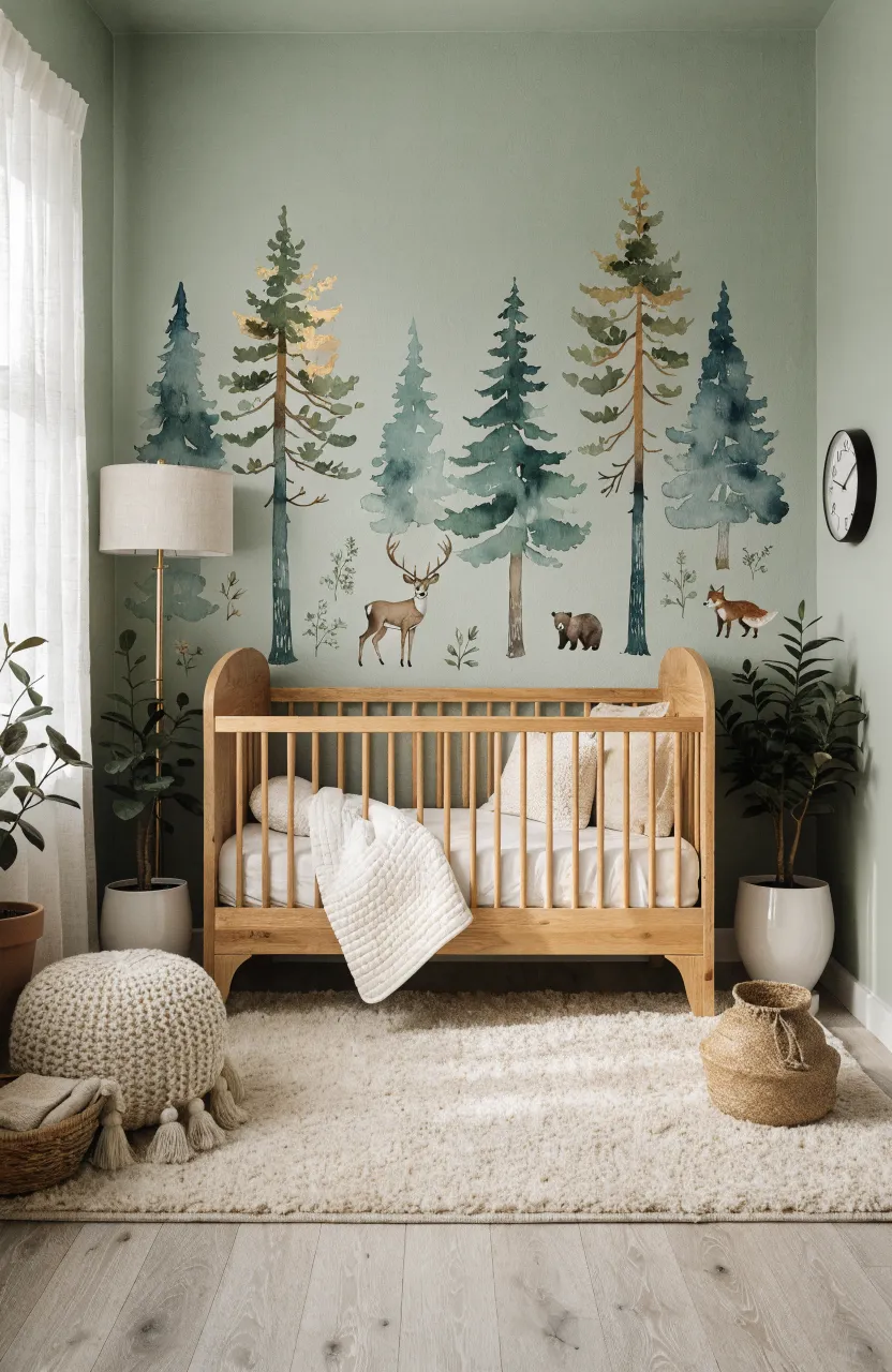 A modern nursery with watercolor forest animal wall decals behind a light wood crib.
