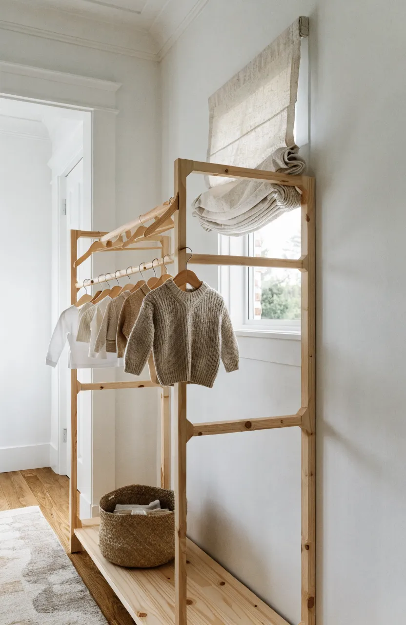A simple wooden baby clothes rack with organic outfits in a bright, minimalist nursery.