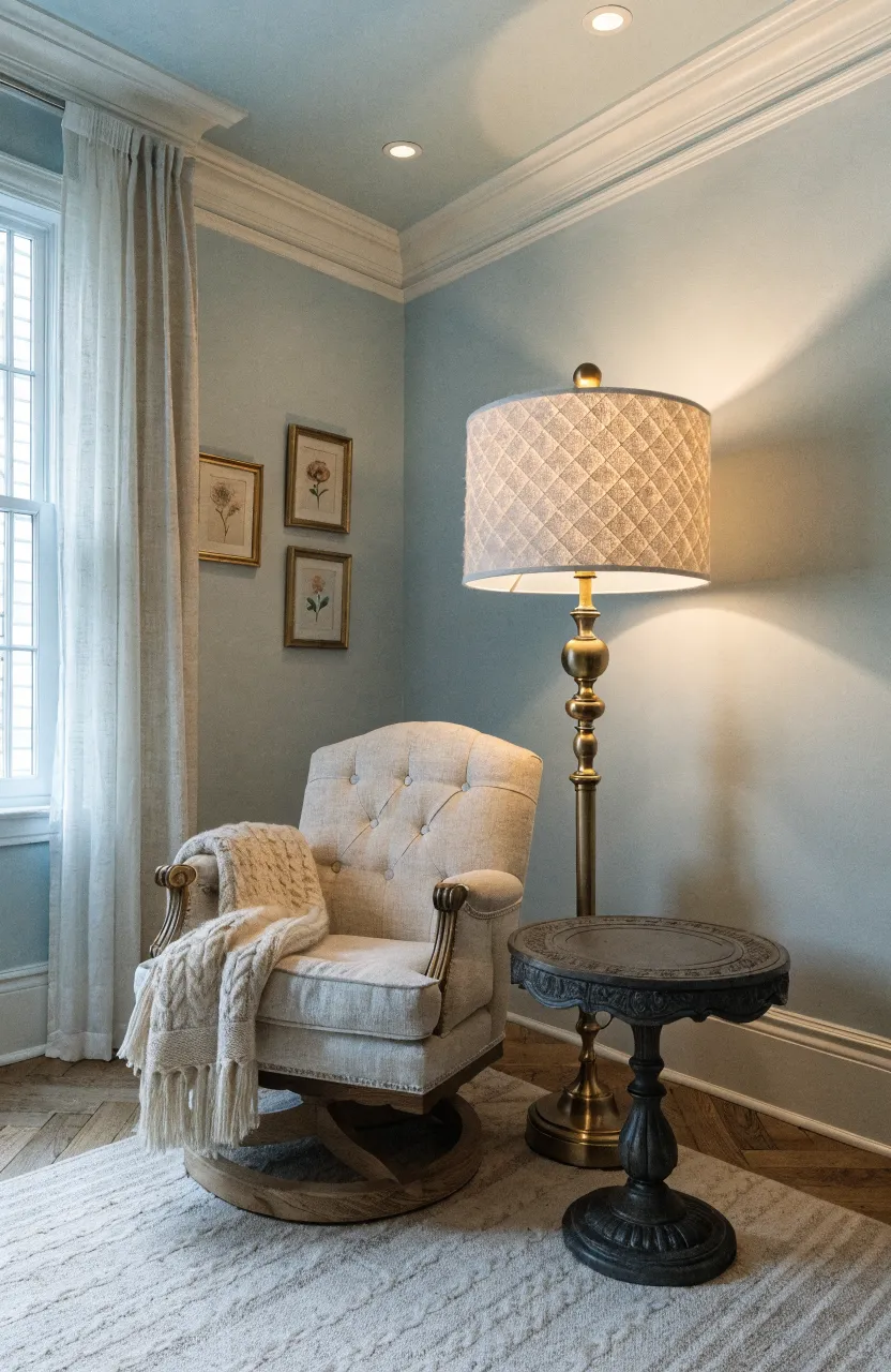 A warm floor lamp with a fabric shade next to a grey rocking chair in a nursery.