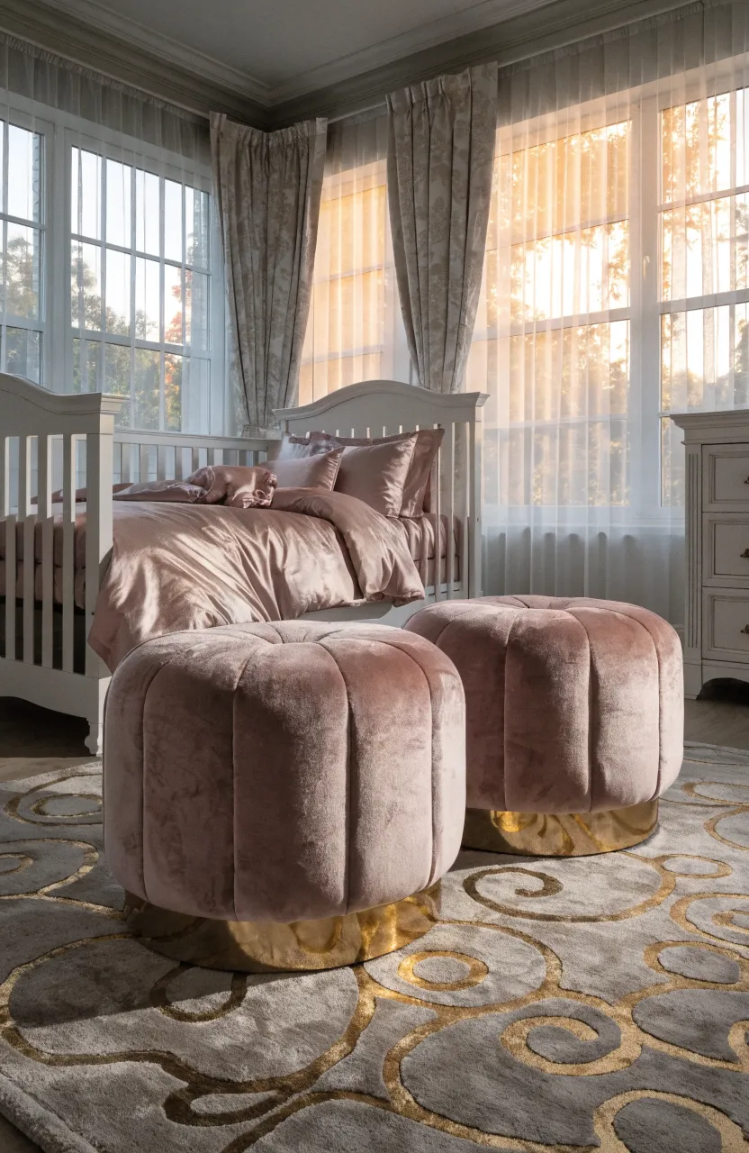 Two dusty rose velvet storage ottomans on a plush rug in a stylish baby room.