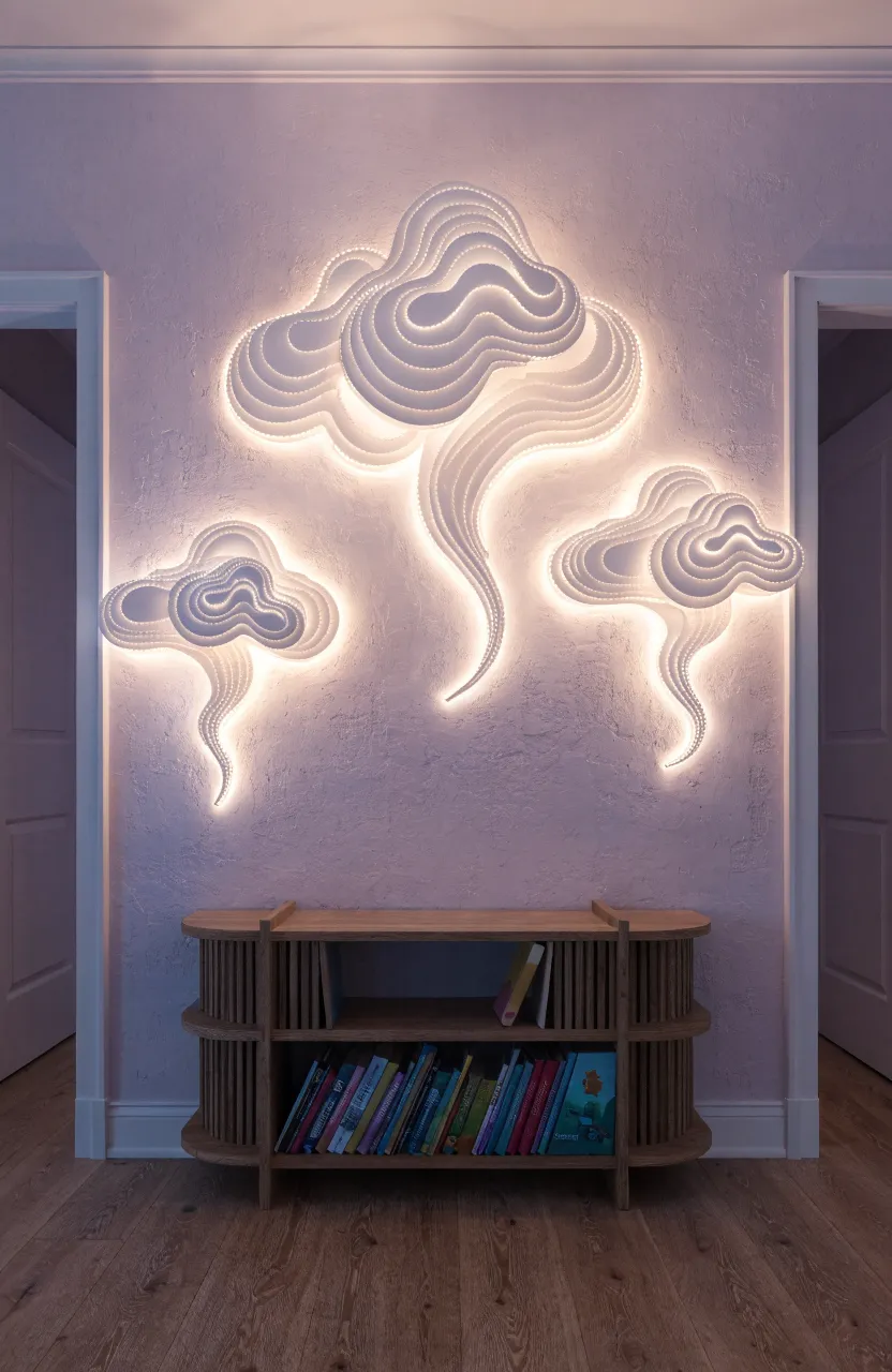 Glowing white cloud-shaped wall lights on a lavender wall in a child's bedroom.