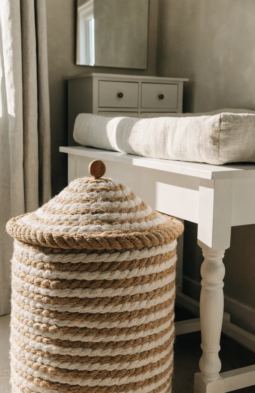 A cream and tan woven rope laundry basket with a lid next to a white changing table.